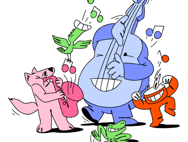 Illustrasjon av figurer som spiller i et jazzorkester: Revedama, Trompetfuglen, Bassfyren, Frosken og Trommekisen.