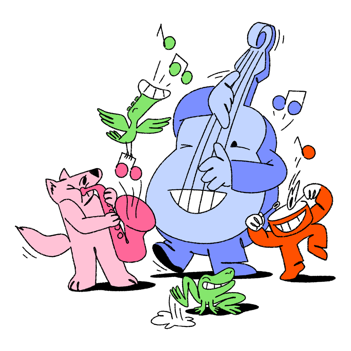 Illustrasjon av figurer som spiller i et jazzorkester: Revedama, Trompetfuglen, Bassfyren, Frosken og Trommekisen.