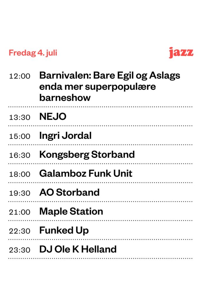 Bilde av programmet i Festivalgata fredag 3.juli