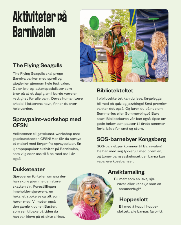 Bilde av aktiviteter på Barnivalen: The Flying Seagulls, workshop, biblioteksteltet, dukketeater, sos-barnebyer, ansiktsmaling og hoppeslott