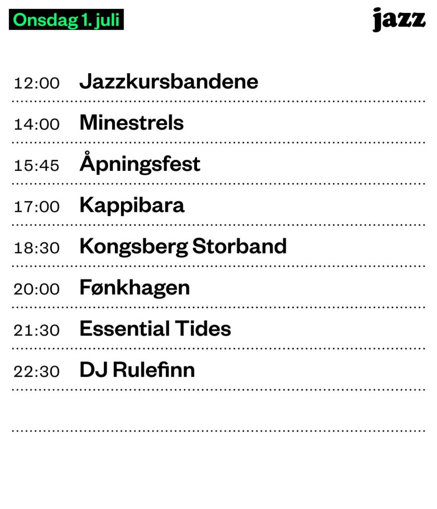 Bilde av programmet for Festivalgata, onsdag 1. juli, Kongsberg Jazzfestival