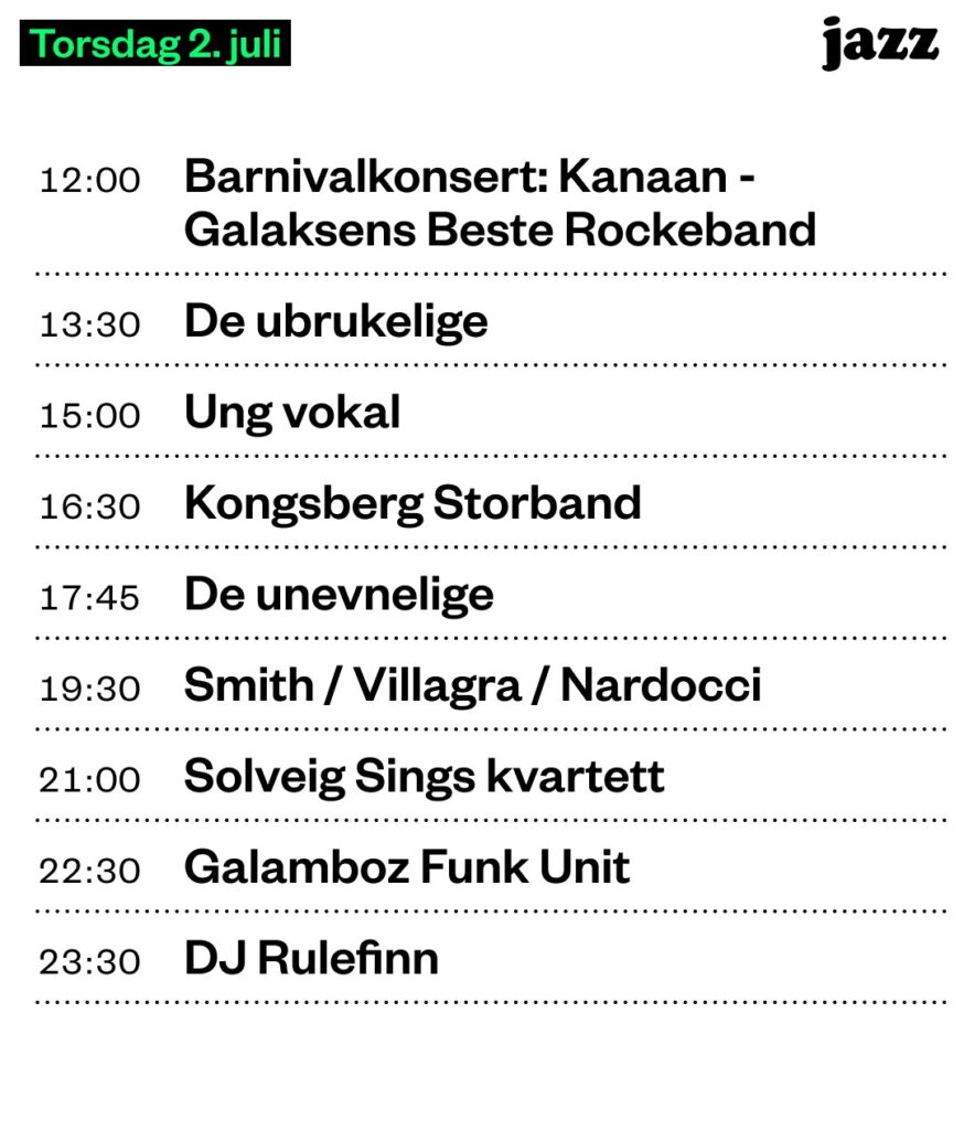 Bilde av programmet for Festivalgata torsdag 3. juli, Kongsberg Jazzfestival