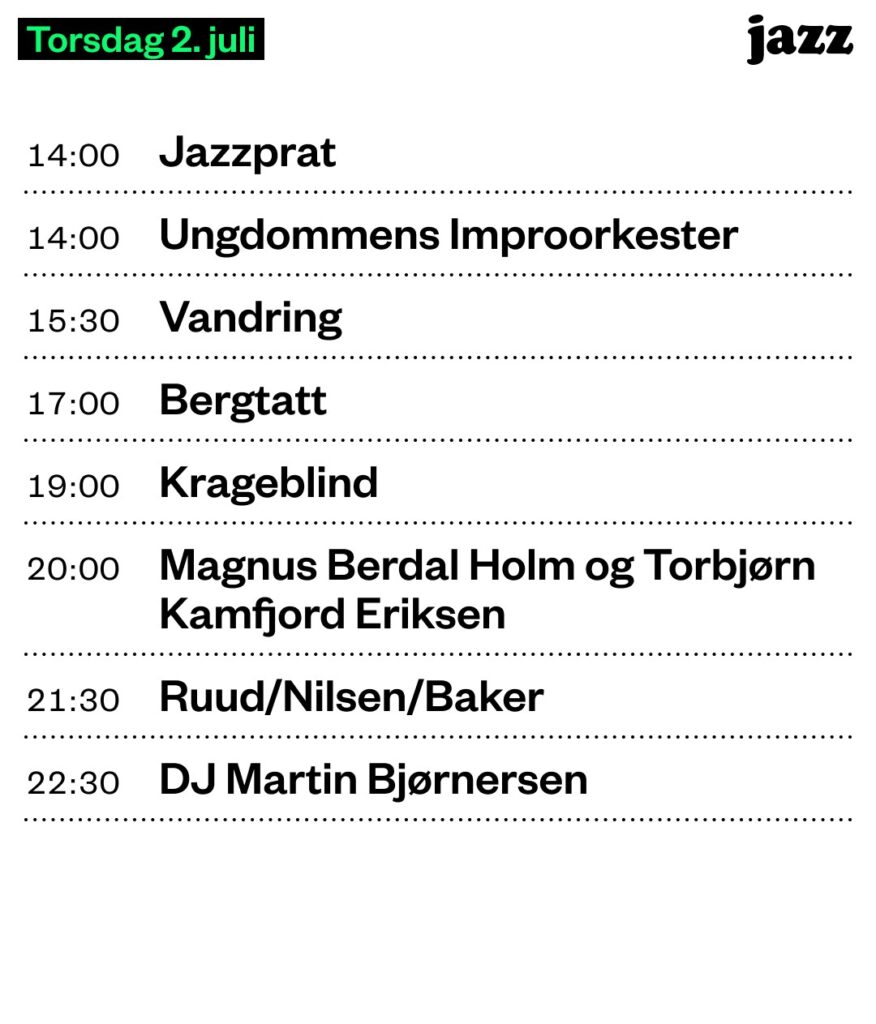 Bilde av programmet for Jazzboksen torsdag 2. juli, Kongsberg Jazzfestival