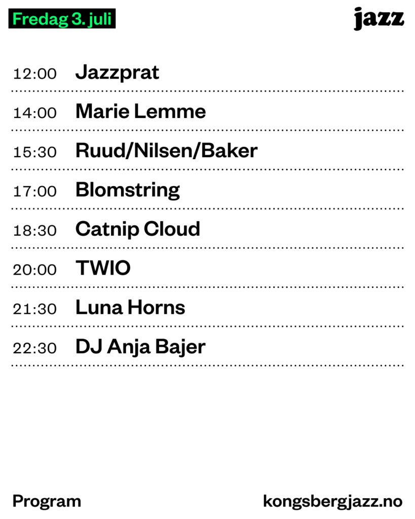 Bilde av programmet for Jazzboksen fredag 3. juli, Kongsberg Jazzfestival