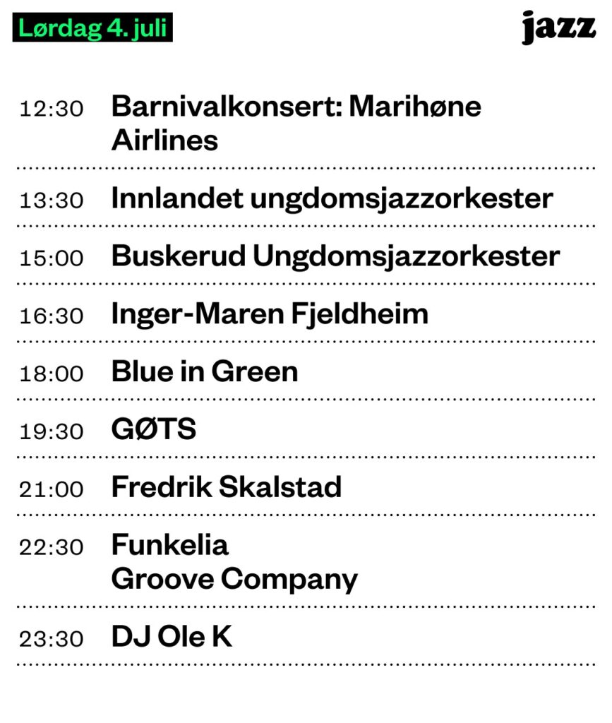 bilde av programmet festivalgata lørdag 4.juli Kongsberg Jazzfestival